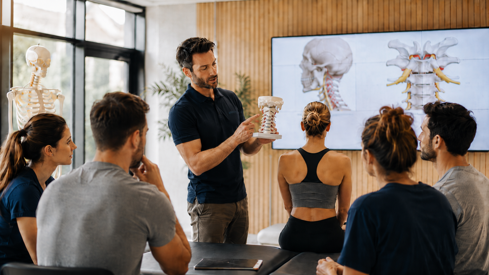Démonstration de palpation du rachis cervical en formation